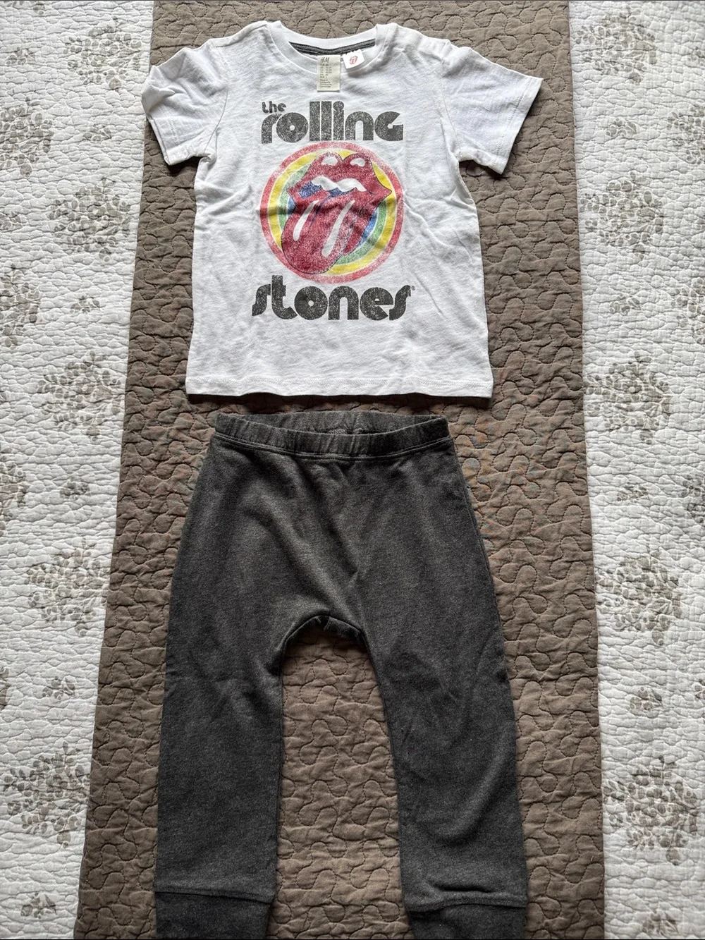 NWOT H&M White Rolling Stones Graphic Tee & Charcoal Gray Pants